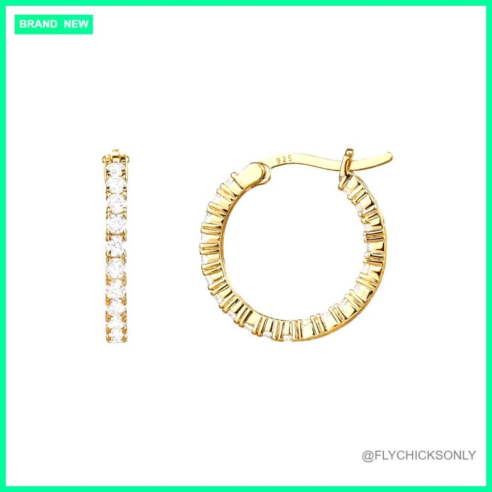 14K Gold Plated Sterling Silver Hoop Earrings with CZ Stones